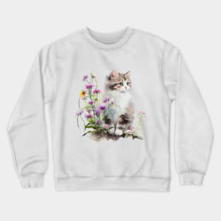 Cute Kitten surrounded with wild flowers. Watercolor Art of Cat Crewneck Sweatshirt